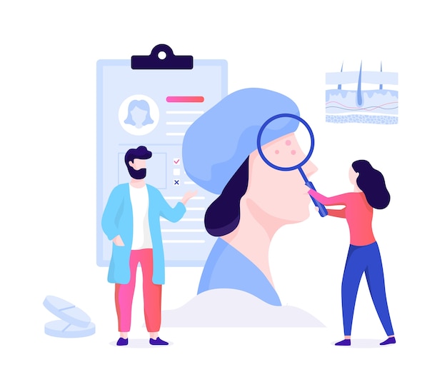 Dermatologe Konzept. Dermatologe, Gesichtshautbehandlung. Idee von Schönheit und Gesundheit. Hautepidermis-Schema. Illustration