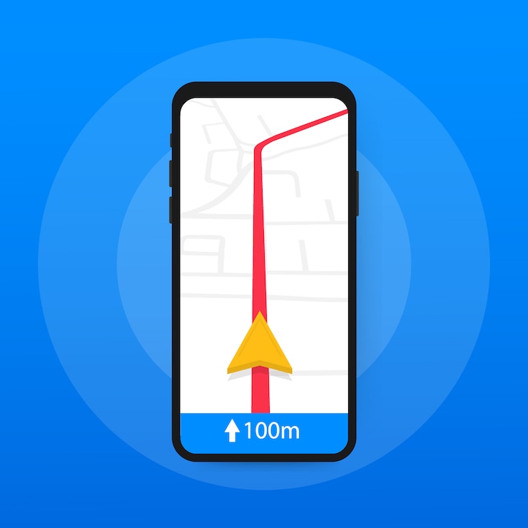 Vektor des smartphones mit mobiler navigations-app auf dem bildschirm. routenkarte mit standort