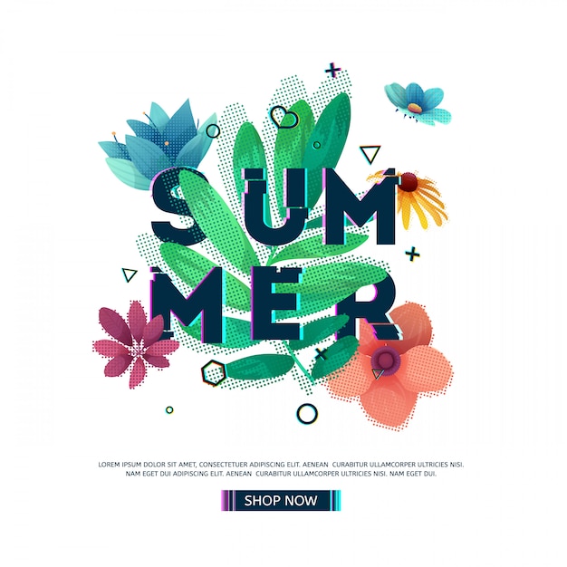 Design-banner mit sommertext. glitch text mit blumen- und pflanzendekoration. vorlage jahreszeitenplakat mit grünem blatt und geometrischer form. .