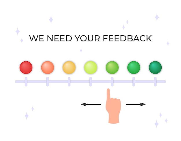 Vektor design der feedback-leiste vektorgrafik text, den wir für ihr feedback benötigen slider zur bewertung der erfahrung oder qualität von business-produkten oder -dienstleistungen kundenbewertungsumfrage meinung und bewertung