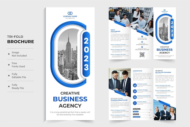 Design der Werbebroschüre der Marketingagentur mit blauen Farbformen Moderner Werbeplakatvektor für Unternehmen mit Platzhaltern für Fotos Dreifach gefaltete Broschürenvorlage für das Marketing
