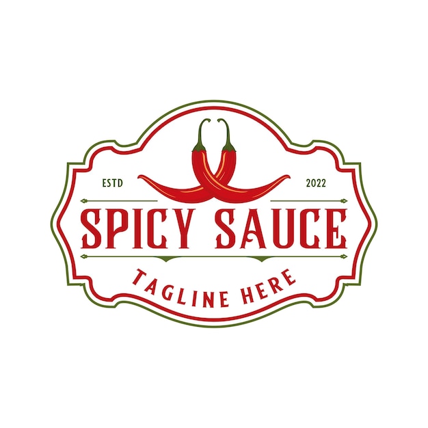 Design des logos mit scharfer soße. scharfes essen cayennepfeffer für restaurants soßenindustrie lebensmittel mit ch