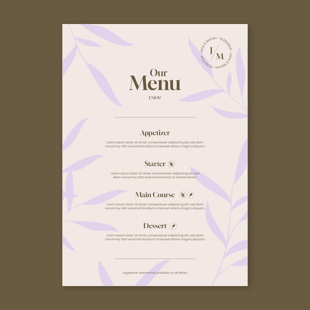 Design einer Menüvorlage für die Hochzeitsplanung