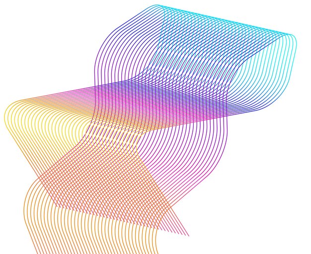 Design-Elemente Welle aus vielen glitzernden Linien Abstrakte leuchtende Wellenstreifen auf weißem Hintergrund isoliert Kreative Strichzeichnungen Vektorillustration EPS 10 Bunte Wellen mit Linien, die mit Blend erstellt wurden