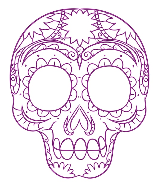 Design in violetten Umrissen des traditionellen mexikanischen Totenkopfes für den Tag der Toten oder Dia de Muertos