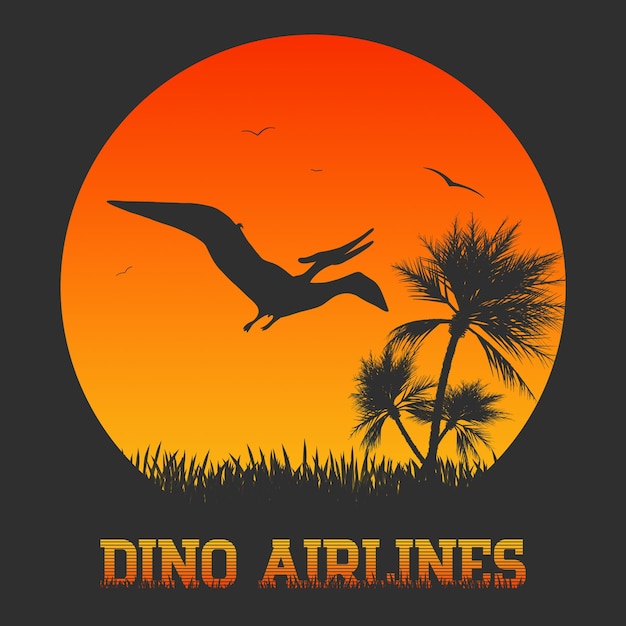 Design mit fliegendem dinosaurier und palme bei sonnenuntergang