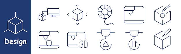 Design-Set-Symbol Computerkubusbewegung Filament-Rolle 3D-Drucker Objekt-Erstellung Design-Kubus-Einstellungen Dreieck-Druckfehler Bearbeiten Kubus-Präzisionstechnologie Material-Laden digitales Modell