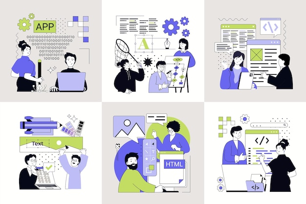 Design software development concept set for web design Collection with people creating program code back end engineering programming user interface layouts testing products Vector illustration