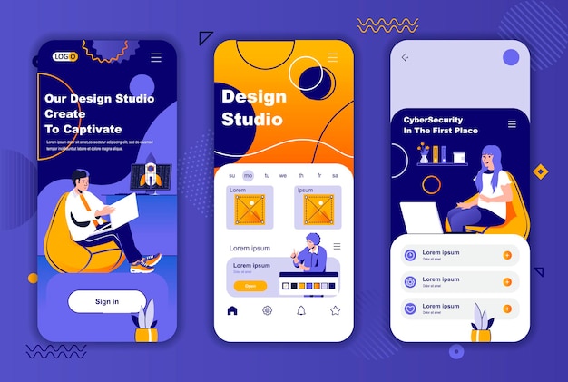 Vektor design studio mobile app bildschirme vorlage für geschichten aus sozialen netzwerken