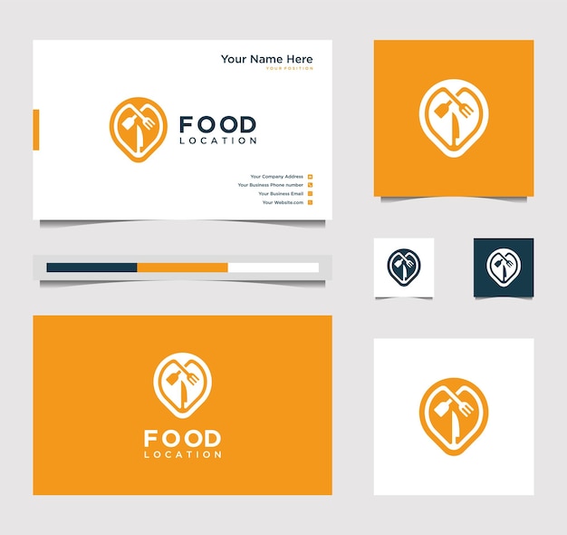 Design von Lebensmittel-Logo-Location und Visitenkarten-Symbol-Gabel