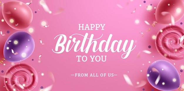 Design von Vektorvorlagen für Geburtstagsfeiern. Alles Gute zum Geburtstag Grußtext im rosafarbenen Raum mit Spirale.