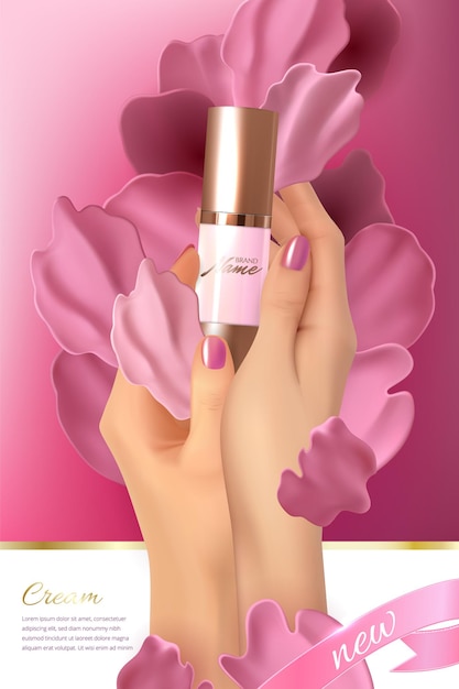 Design-werbeplakat für kosmetikprodukt mit rosenblättern für katalogmagazin kosmetikpaket parfüm-werbeplakat feuchtigkeitsspendende toner-creme-gel-körperlotion rosa flüssige blütenblätter