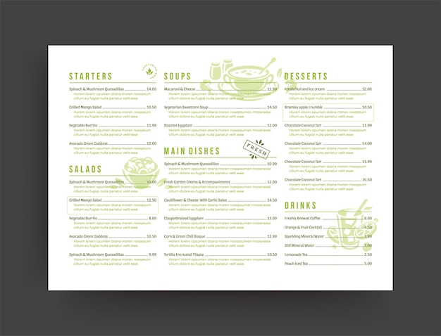 Vektor designbroschüre für vegetarisches restaurantmenü-layout