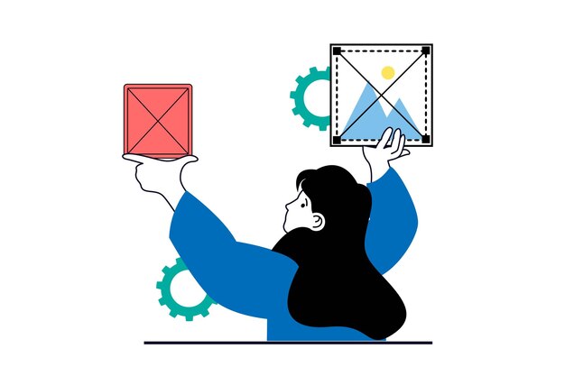 Designer-Agenturkonzept mit Menschenszene im flachen Webdesign Frau wählt Inhalte für UI-Site-Vorlage aus und platziert Elemente Vektorillustration für Social-Media-Banner-Marketingmaterial