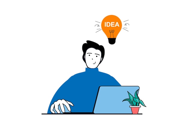 Designer-Agenturkonzept mit People-Szene im flachen Webdesign. Mann-Brainstorming und die Suche nach Lösungen und Innovationen generieren Ideen. Vektorillustration für Social-Media-Banner-Marketingmaterial
