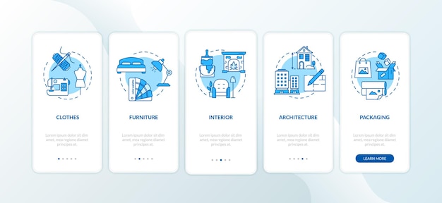 Designer arbeiten beim onboarding des seitenbildschirms der mobilen app mit festgelegten konzepten. komplettlösung für den wohnungsdekorationsprozess in 5 schritten mit grafischen anweisungen. ui-vektorvorlage mit rgb-farbabbildungen