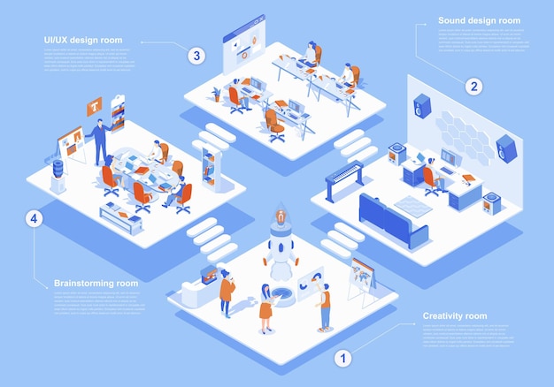 Designer-studio-konzept isometrische 3d-webszene mit infografik menschen arbeiten in verschiedenen kreativitätsräumen, treffen sich und brainstorming im agenturbüro vektorillustration in isometrie-grafikdesign