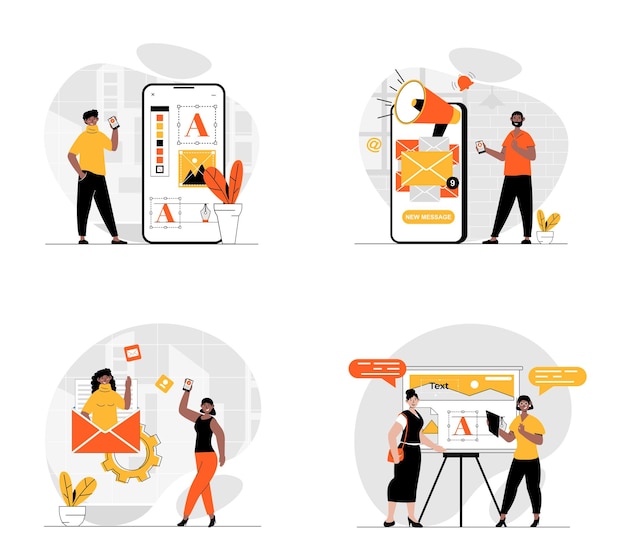 Designer-Studio-Konzept mit Zeichensatz Sammlung von Szenen, die Menschen mit Marketing-Tools kreative Projekte durchführen, Anwendungen erstellen und Produkte bewerben Vektorgrafiken in flachem Webdesign