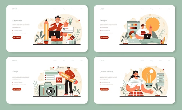 Designer-Web-Banner oder Landing-Page-Set Art Director, der an Medieninhalten arbeitet