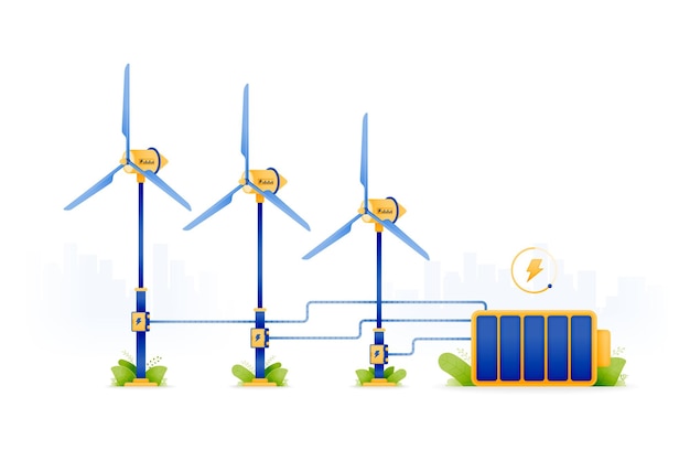 Designillustration von umweltfreundlicher energie aus windkraft windkraftanlagen erzeugen emissionsarmen strom zum laden und speichern von lithiumbatterien können für website-poster-apps-broschüren verwendet werden