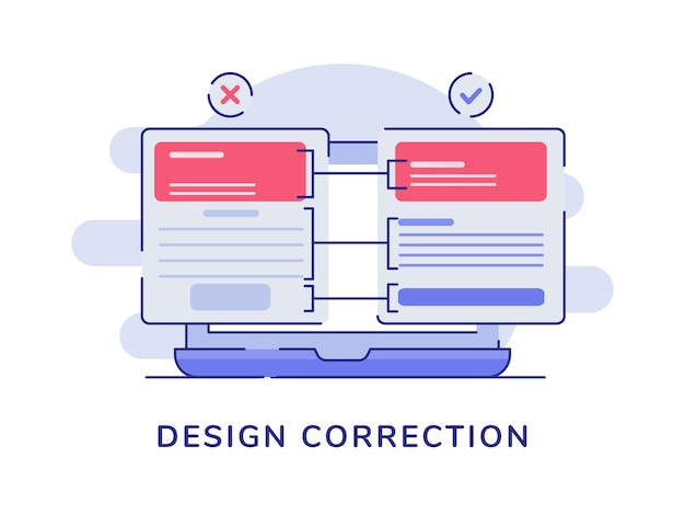 Designkorrektur Vergleich Rückgang genehmigen auf Laptop-Bildschirm mit flachen Umriss Stil Vektor-Design