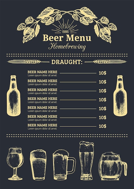Designvorlage für biermenüs vektor-bar, pub oder restaurantkarte mit handskizzierten illustrationen von lagerbier brauereielemente symbole glaskrug flasche kräuter und pflanzen