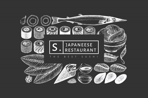 Vektor designvorlage für die japanische küche. sushi hand gezeichnete illustration auf kreidetafel. asiatischer lebensmittelhintergrund des retro-stils.