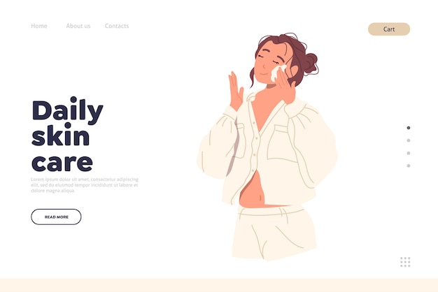 Vektor designvorlage für die tägliche hautpflege-landingpage mit junger frau, die waschschaum zur gesichtsreinigung aufträgt