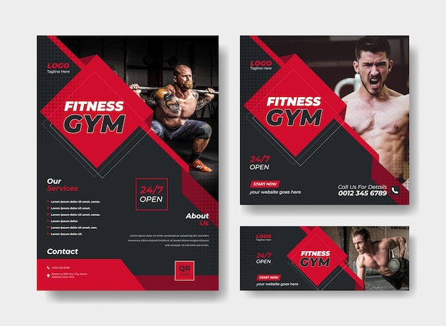 Vektor designvorlage für fitnessstudio-flyer. flyer, social-media-beitrag und facebook-cover-design für fitnesscenter.