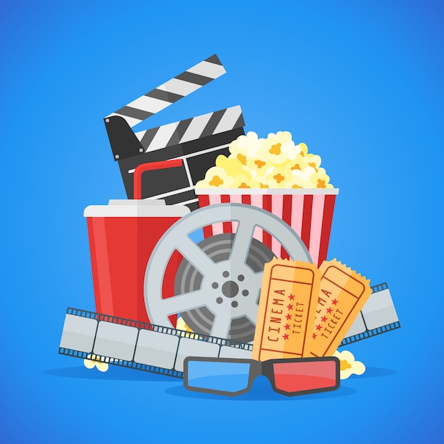 Designvorlage für Kinofilmplakate. Film Filmrolle und Strip, Ticket, Popcorn, Klappe, Soda zum Mitnehmen, 3D-Brille.