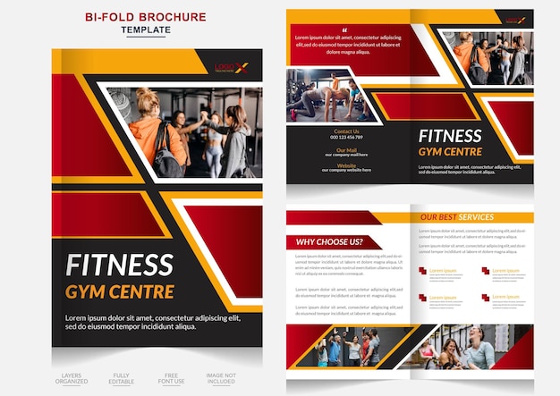 Vektor designvorlage für kreative fitness-bifold-broschüren in mehreren farben