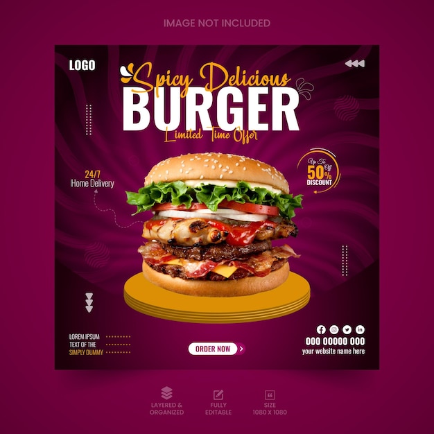 Designvorlage für Lebensmittelmenüs und Burger-Social-Media-Beiträge