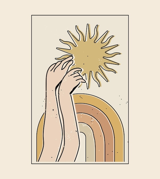 Designvorlage für sommerzeitplakate im retro-boho-stil mit händen, die nach sonne und regenbogen greifen