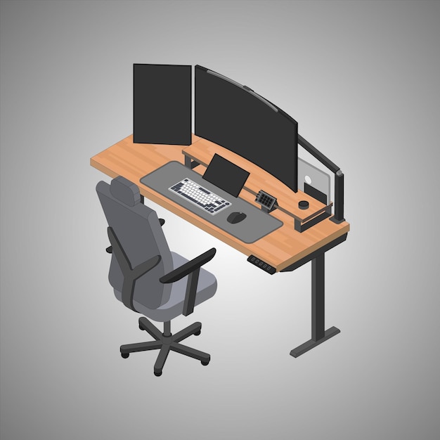 Desktop-Einrichtung mit drei Bildschirmen und Zubehör