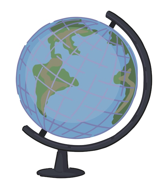 Vektor desktop-globus-doodle geographie-modell, schule, klassenzimmer, werkzeug, clip-art, cartoon-stil, vektorillustration, isoliert auf weiß