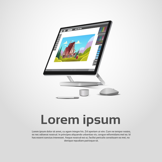 Desktop-moderne Computergrafik-Designer-Arbeitsplatz-Vektor-Illustration