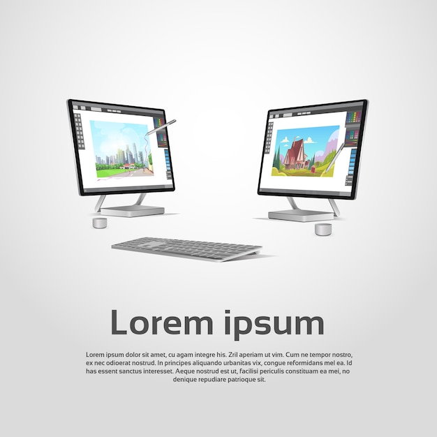 Desktop-moderne Computergrafik-Designer-Arbeitsplatz-Vektor-Illustration