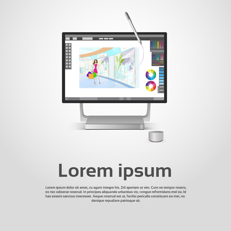 Vektor desktop-moderne computergrafik-designer-arbeitsplatz-vektor-illustration