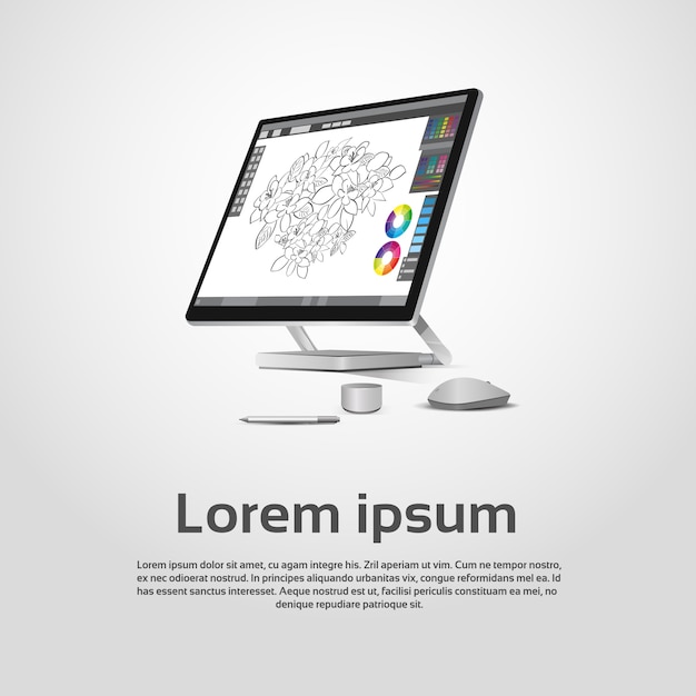Desktop-moderne Computergrafik-Designer-Arbeitsplatz-Vektor-Illustration
