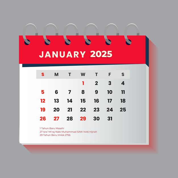 Desktop- und Wandkalender 2025 mit spiralförmigen Seiten auf weißem Hintergrund