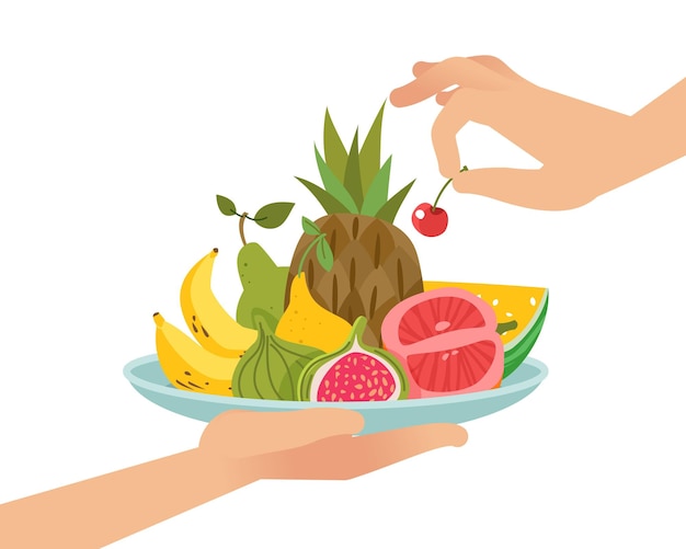 Vektor dessert obst serviert bio-obst auf dem teller hand halten gericht saftige zitrusfrüchte banane und ananas süße birne und frische feigen kirsche und melone vektor cartoon flach isoliertes konzept