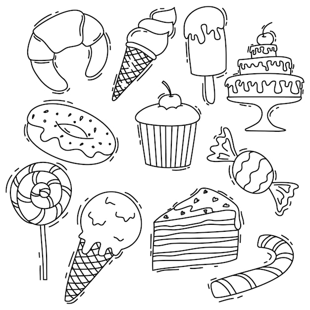 Desserts und süßigkeiten doodle-set süßigkeiten schokoladenkuchen donut-eis im sketch-stil