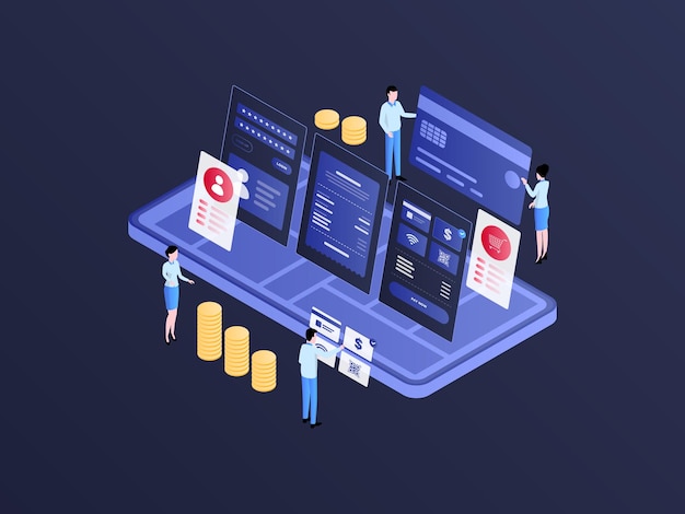 Detail mobile payment isometric illustration dark gradient geeignet für mobile app website banner diagramme infografiken und andere grafische assets