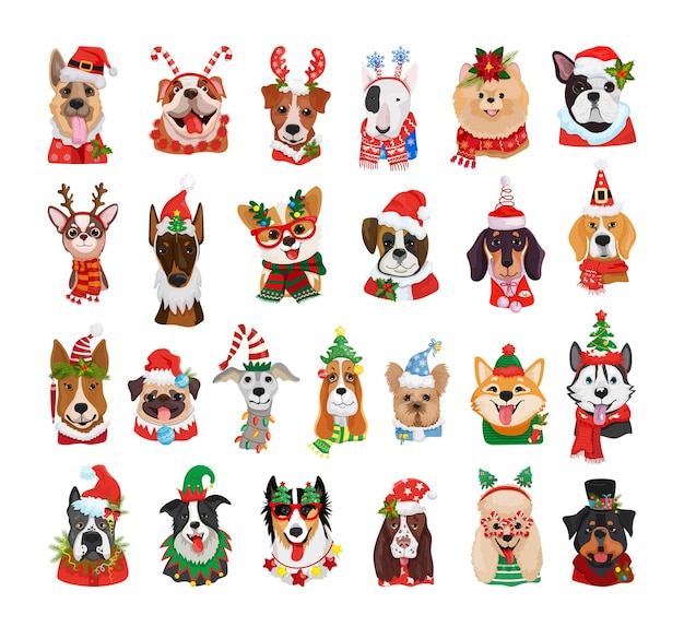Detaillierte avatare von hunden verschiedener rassen in weihnachtskostümen.