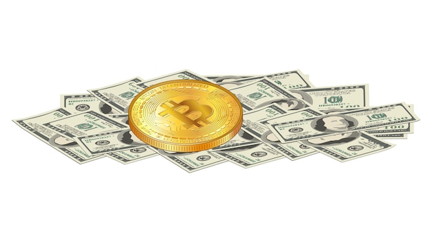 Detaillierte Gold-Bitcoin-Münze liegt auf einem Stapel Papier 100 US-Dollar-Banknoten isoliert auf Weiß Digitales Gold über Bargeld Vektor-Illustration