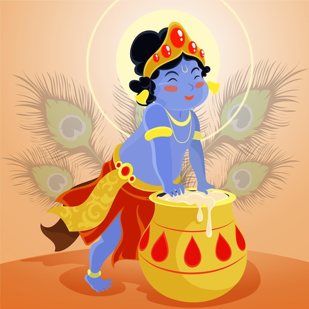 Detaillierte illustration von baby krishna, die butter isst