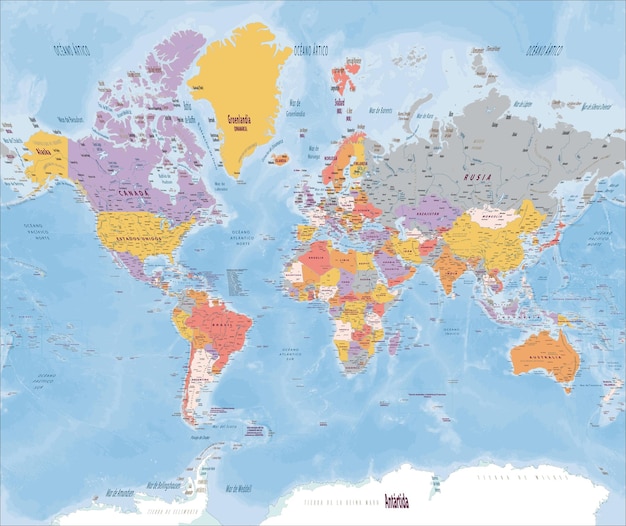 Vektor detaillierte politische weltkarte spanische sprache mercator-projektion