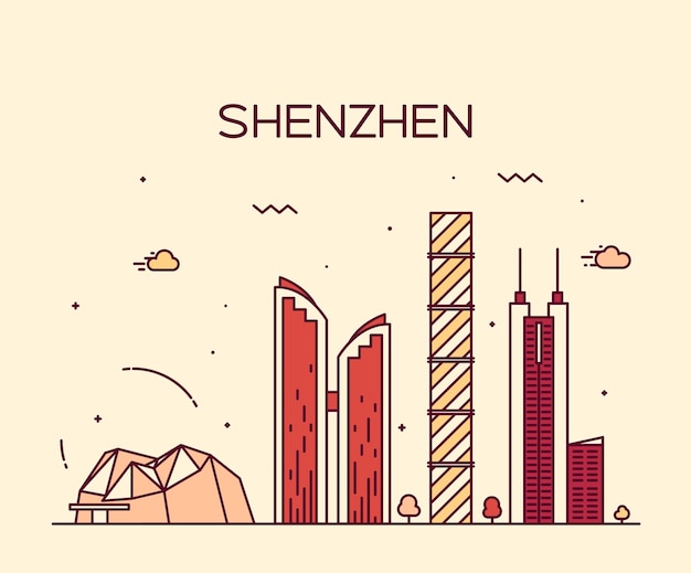 Detaillierte Silhouette der Skyline von Shenzhen. Trendige Vektorillustration, Linienkunststil.
