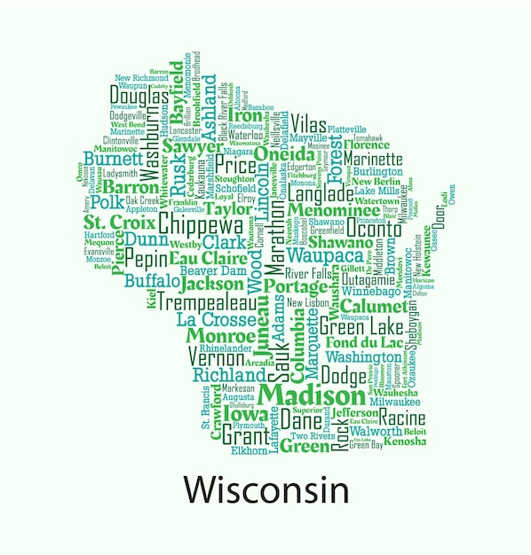 Detaillierte Vektorkarte von Wisconsin mit den Namen aller Landkreise und Städte