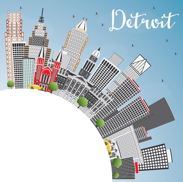 Detroit michigan usa skyline der stadt mit grauen gebäuden, blauem himmel und textfreiraum. vektor-illustration. geschäftsreise- und tourismuskonzept mit moderner architektur. detroit-stadtbild mit sehenswürdigkeiten.